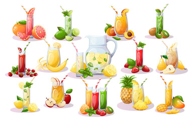 A vector set featuring a variety of fresh fruit juices in glasses with straws, including whole and sliced fruit, for cafe menu design, promoting a healthy lifestyle, packaging and advertising © Bagirina Art