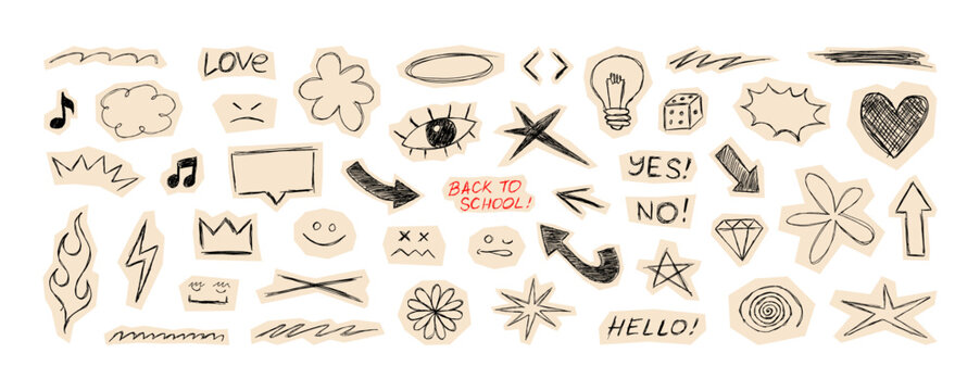 Hand-Drawn Back to School Doodles on Paper Cutouts. Scrapbook elements drawn with a ballpoint pen. Scribbles and doodles elements for notebooks, diaries. Sketchy scrapbook stickers. Vector graphic