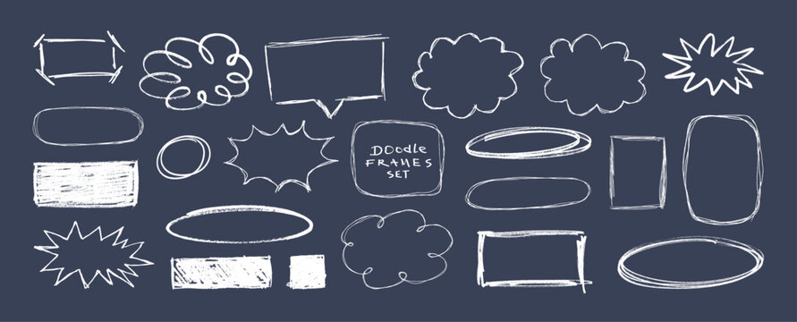 Hand-drawn chalk doodle frame set with sketchy speech bubbles, scribble ovals, cloud banners and rough brush borders. Chalkboard for education posters, cards and captions. Vector doodle highlights