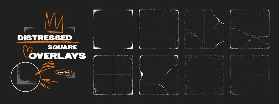 Distressed square overlay set, album cover stamp with grunge scratches, cracked edges, dust texture and worn photo frame effects for cd, vinyl. Album covers, old paper textures for overlay. Vector set