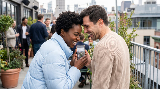Couple laughing while looking at phone together during rooftop city party