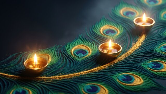 Golden Peacock Rangoli with Diyas - Diwali Decorative Background.