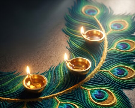 Golden Peacock Rangoli with Diyas - Diwali Decorative Background.