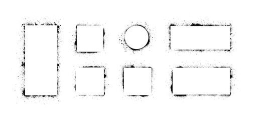 Black spray paint frame set with grunge stencil borders, splatter texture and graffiti ink edges in square, circle and rectangle shapes. Spray graffiti empty borders with aerosol effect. Vector set