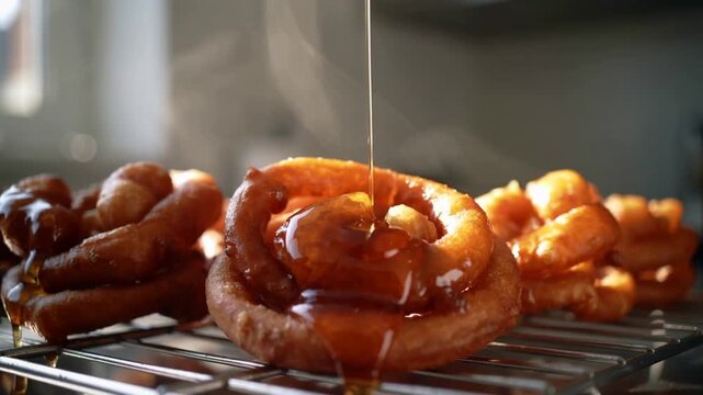 Tilting spoon drip, pouring adult hand glazing spiral pastry with syrup on kitchen rack to serve
