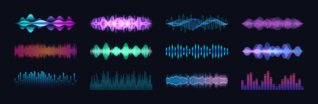 Neon gradient sound waves, audio equalizer bars, music frequency waveforms and glowing voice spectrum lines. Media design - sound waves, audio, music frequency, bits. Vector sound signal collection