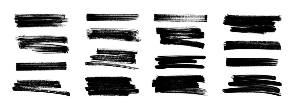 Bold grunge brush stroke collection with dry paint texture, rough ink smears and hand painted banner shapes. Brush stroke isolated on white, effect grunge acrylic textures. Vector textures pack