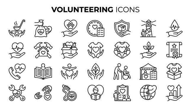 A collection of black line art fitness and sports icons including exercise equipment, health tracking tools, and social media interface elements for wellness digital platforms.
