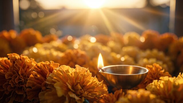 Marigold Garland with Glowing Diya - Diwali Floral Background.