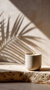 A burning scented candle in a ceramic jar on a natural stone pedestal with tropical palm leaf shadows on a beige wall.
