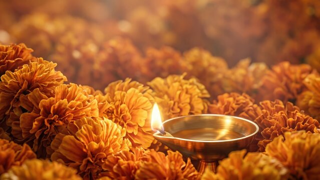 Marigold Garland with Glowing Diya - Diwali Floral Background.