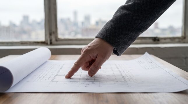 Hand pointing at architectural blueprint on wooden table near office window