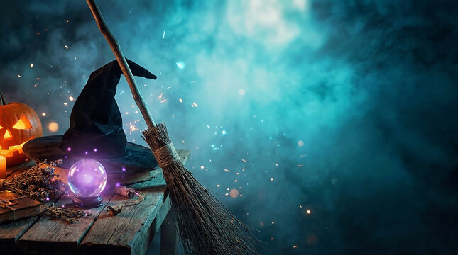 Witch's hat and broomstick with crystal ball on a mystical background  