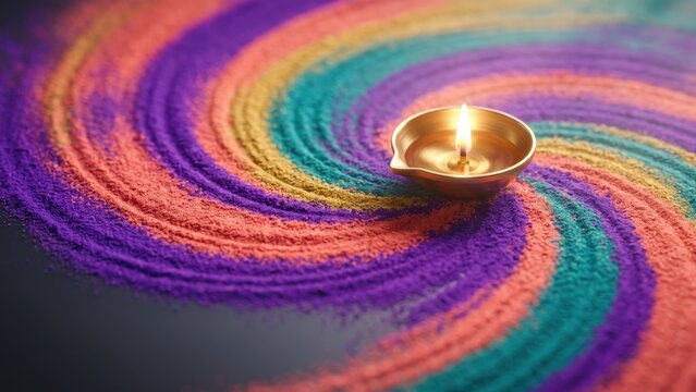 Multicolor Rangoli Swirl with Brass Diya - Diwali Festival Background.