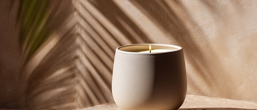 A burning scented candle in a ceramic jar on a natural stone pedestal with tropical palm leaf shadows on a beige wall.