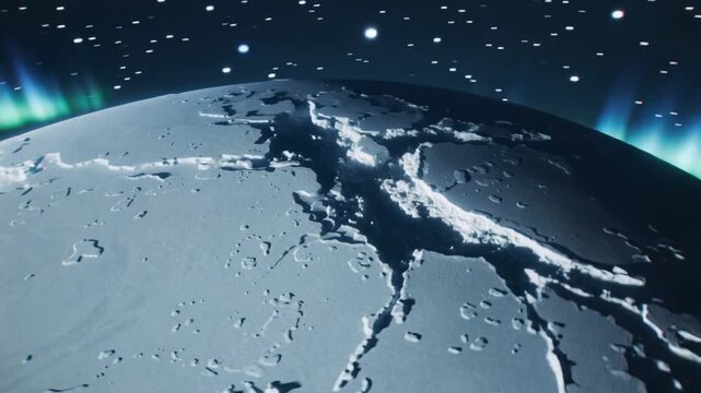 Moving camera revealing fractured icy surface at polar horizon highlighting radial rifts and aurora