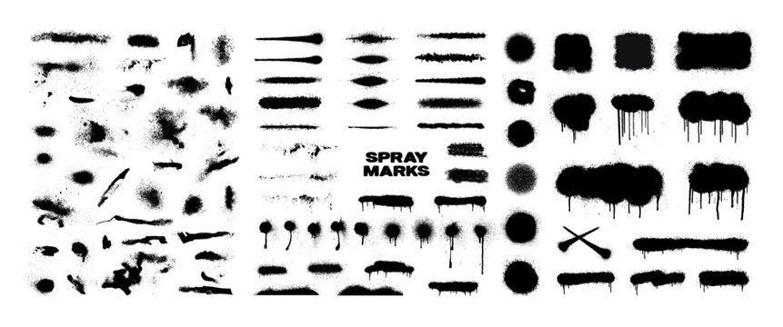 A diverse collection black spray paint marks with graffiti drips, airbrush dots, splatter stains, grunge lines, stencil stripes. Graffiti spray effects in street art style. Vector aerosol design set