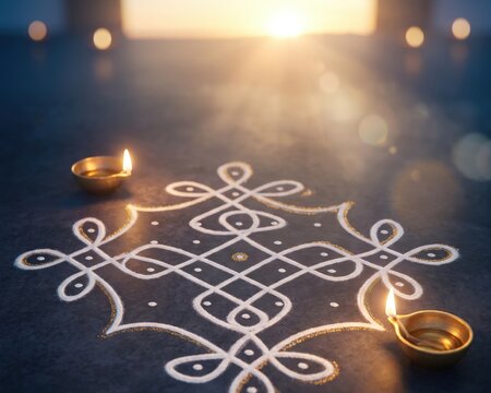 Traditional White Kolam with Brass Oil Lamps - Diwali Background.