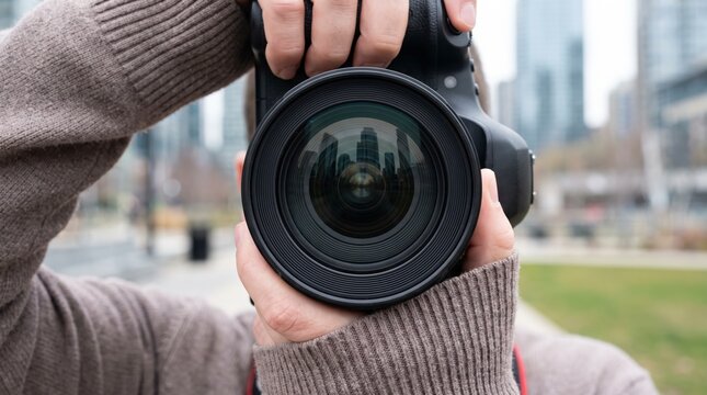 Close up of camera lens reflecting city buildings held by photographer