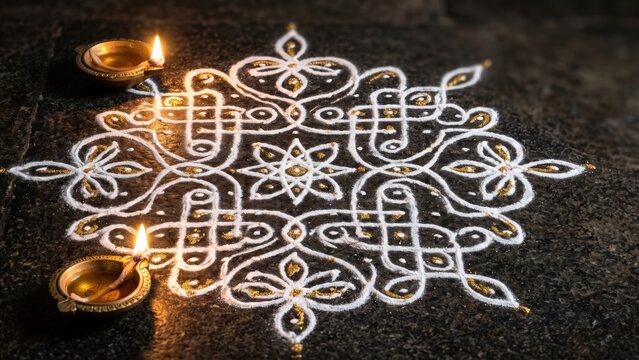 Traditional White Kolam with Brass Oil Lamps - Diwali Background.