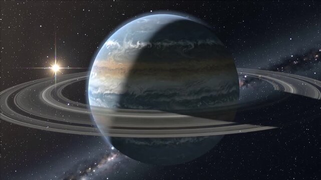 Rotating ringed gas giant, bright star lighting disk, showing moving clouds, ring shadows, in space