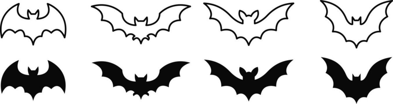 Collection of bat silhouettes and outlines in various flying poses