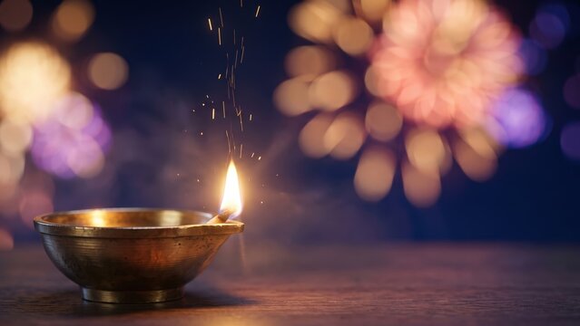 Glowing Diya with Firework Bokeh - Diwali Night Background.