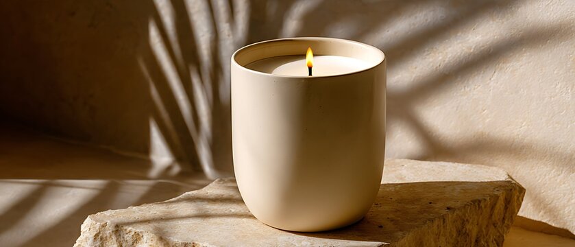 A burning scented candle in a ceramic jar on a natural stone pedestal with tropical palm leaf shadows on a beige wall.