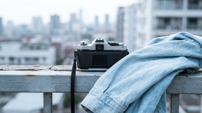 Vintage camera resting on railing beside denim jacket with blurred skyline