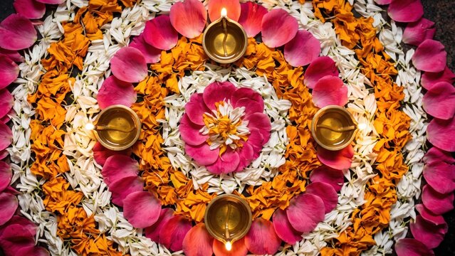 Flower Petal Rangoli with Golden Diyas - Diwali Floral Background.