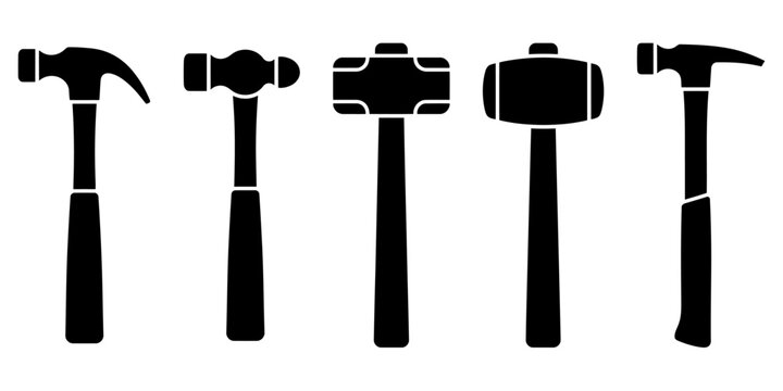 Set of five different hammer tools in black and white