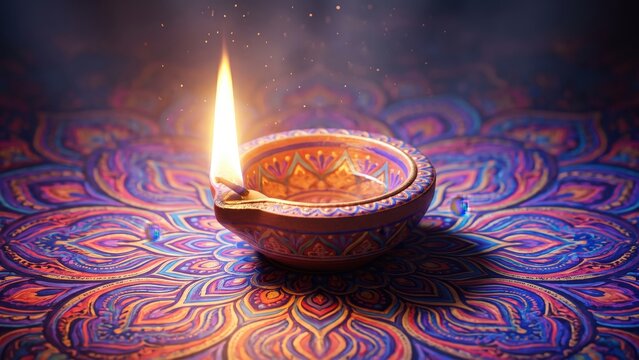 Colorful Paisley Mandala with Glowing Diya - Diwali Art Background.