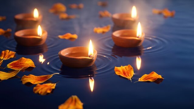 Floating Diyas with Marigold Petals - Diwali Water Background.