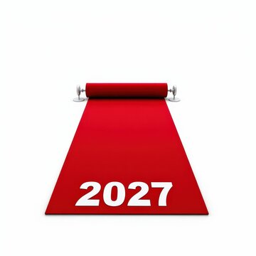 Red carpet rolled out toward 2027, future event celebration, success path concept on white background