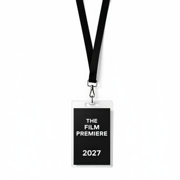 Event badge with black lanyard for the film premiere 2027 isolated on white background