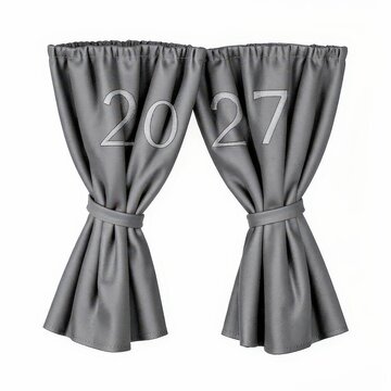 Gray curtains with year 2027 embroidered, tied back drapes isolated on white, modern home decor, future date, minimalist window treatment