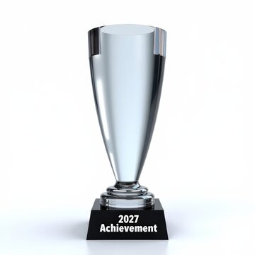 Silver trophy cup with 2027 achievement engraving isolated on white background symbolizing success, victory, award, and recognition