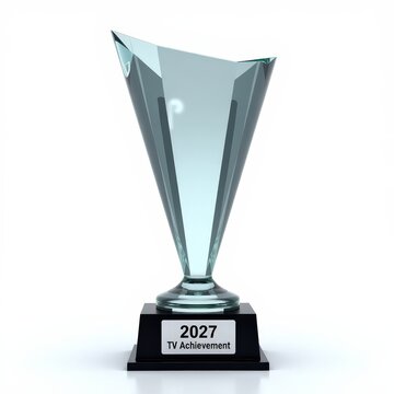 Crystal trophy with black base and 2027 tv achievement plaque for modern television award ceremony or recognition event