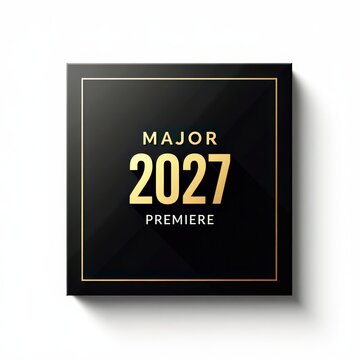 Elegant black square poster with golden major 2027 premiere announcement on minimal background