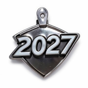 Metallic shield pendant with bold 2027 numbers isolated on white background