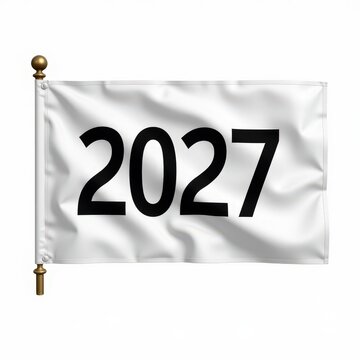 White flag with bold black 2027 number, isolated on white background, symbolizing future event, year, or milestone