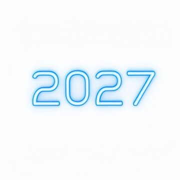 Glowing blue neon 2027 number on clean white background for futuristic technology, countdown, new year, calendar, event, or digital design themes
