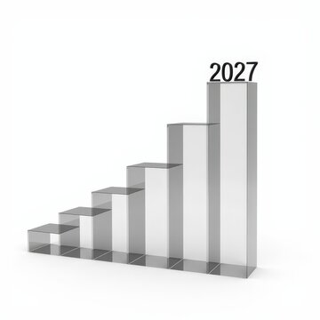 Transparent glass bar chart showing financial growth and success from 2022 to 2027 with futuristic minimalist design on white background
