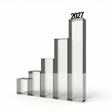 Transparent glass bar graph projecting growth trend to 2027 on white background with modern minimalist design