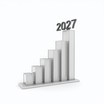 Minimalist white bar graph showing steady growth with 2027 peak, isolated on white background, symbolizing future business success and progress