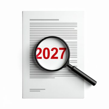 Magnifying glass focusing on 2027 date on document, concept of future analysis, goals, planning, and forecasting