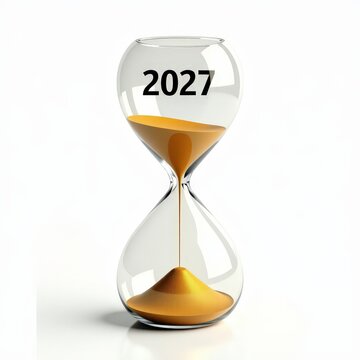 Transparent hourglass with golden sand marked 2027 isolated on white background symbolizing passage of time and future countdown