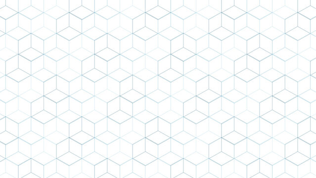 Blue isometric cube seamless pattern, thin outline hexagon boxes in a 3D lattice, minimal technical background on transparent background