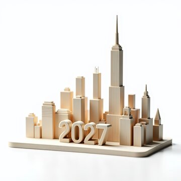 Minimalist wooden city skyline model featuring 2027, modern architecture, urban future concept, clean white background