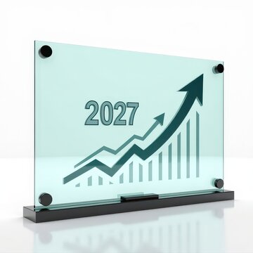 2027 growth projection glass plaque with rising arrow and bar chart symbolizing business success and financial forecast